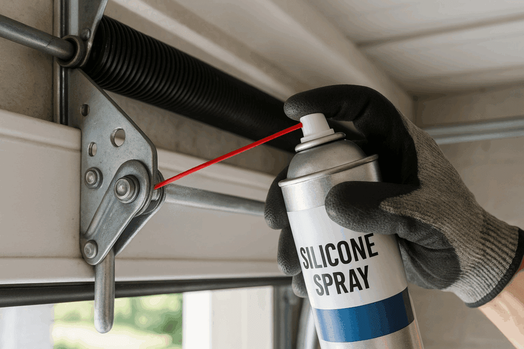 Preventative Garage Door Repairs for Older Homes in Richmond, TX 4 Hand applying silicone spray to garage door hinge for smooth operation and preventive garage door repairs.