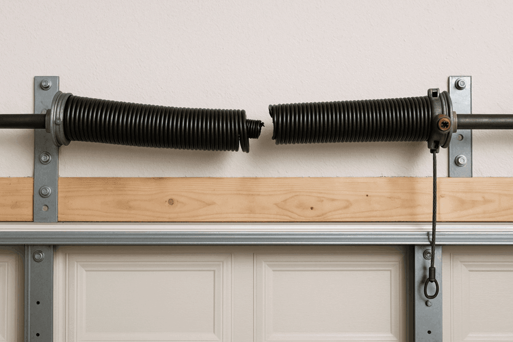 Preventative Garage Door Repairs for Older Homes in Richmond, TX 3 Close-up of a broken garage door torsion spring, highlighting urgent need for garage door repairs.