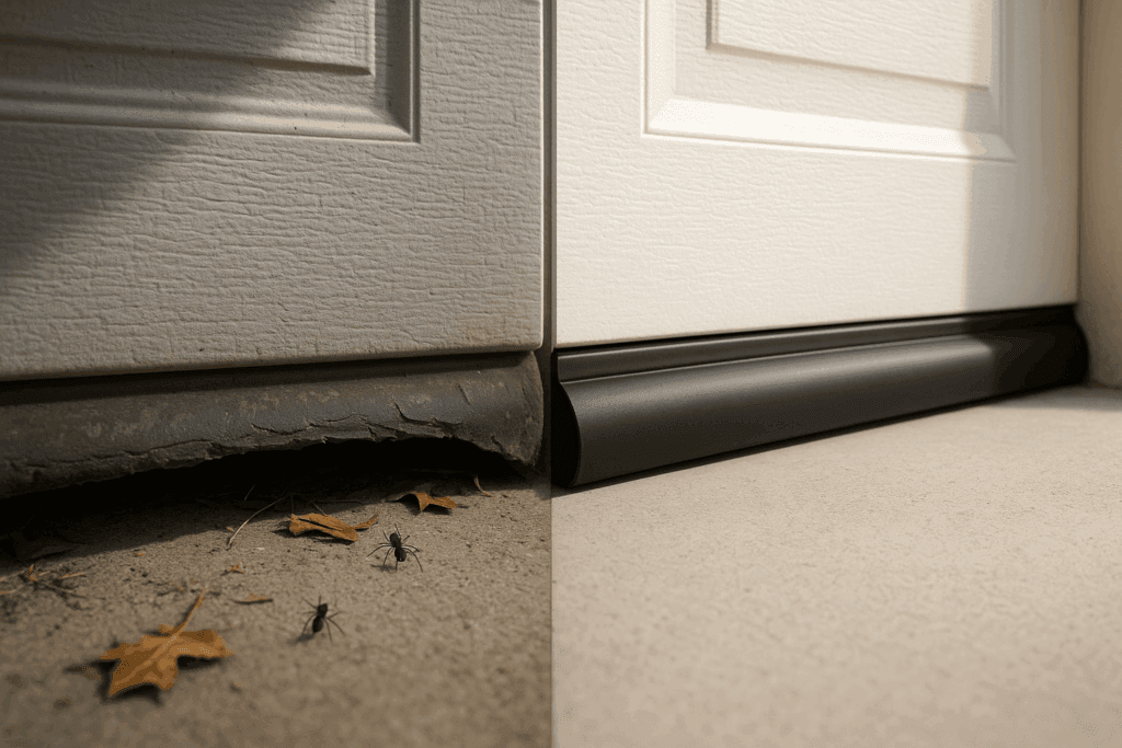 Why Garage Door Weather Stripping is Essential for Richmond Homes 3 Before and after garage door weather stripping showing improved bottom seal against pests and debris.