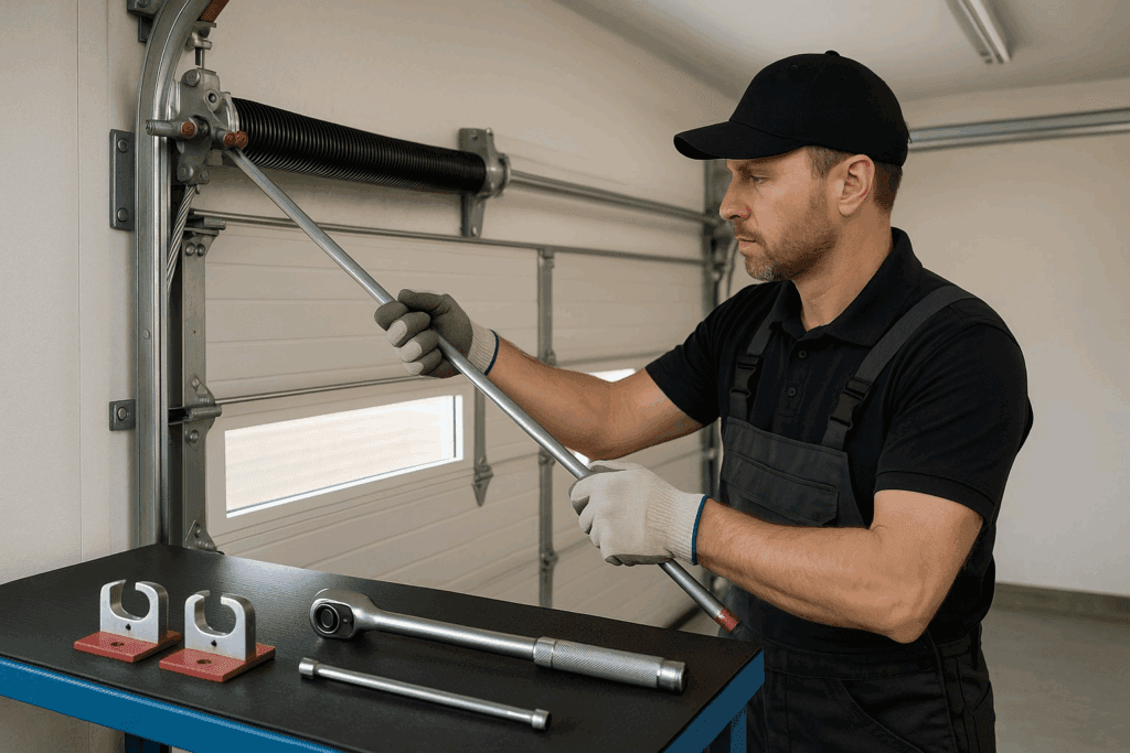 Richmond Homeowners’ Checklist: When to Repair Garage Door Rollers and Hinges 4 Professional technician adjusting torsion spring to repair garage door using specialized tools.