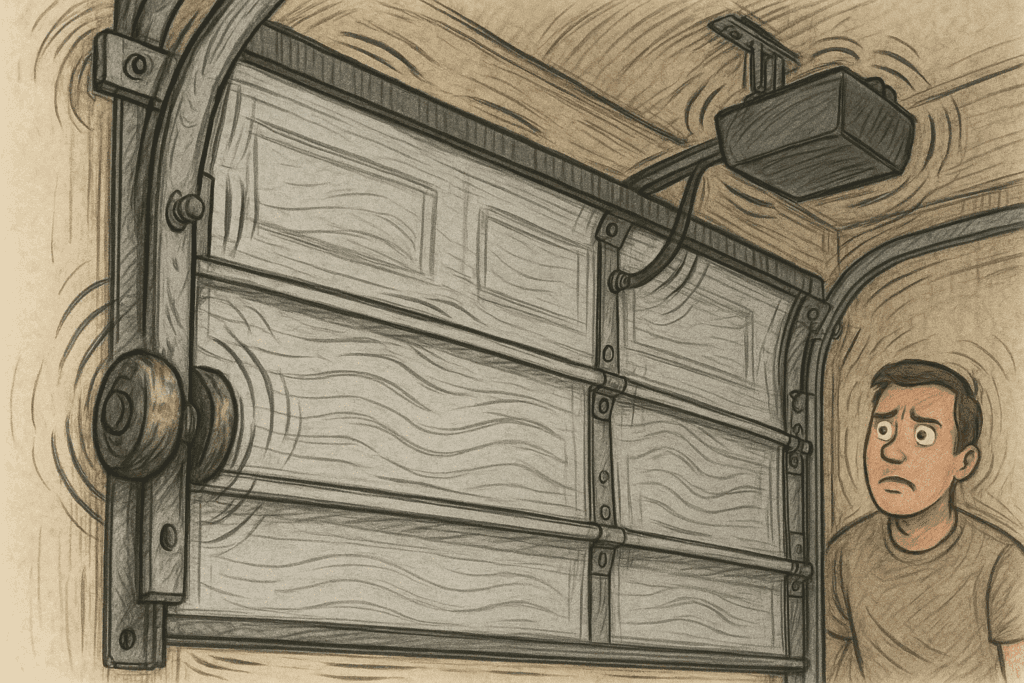 Richmond Homeowners’ Checklist: When to Repair Garage Door Rollers and Hinges 3 Illustration of worried homeowner watching noisy rollers and opener, showing need to repair garage door vibrations.