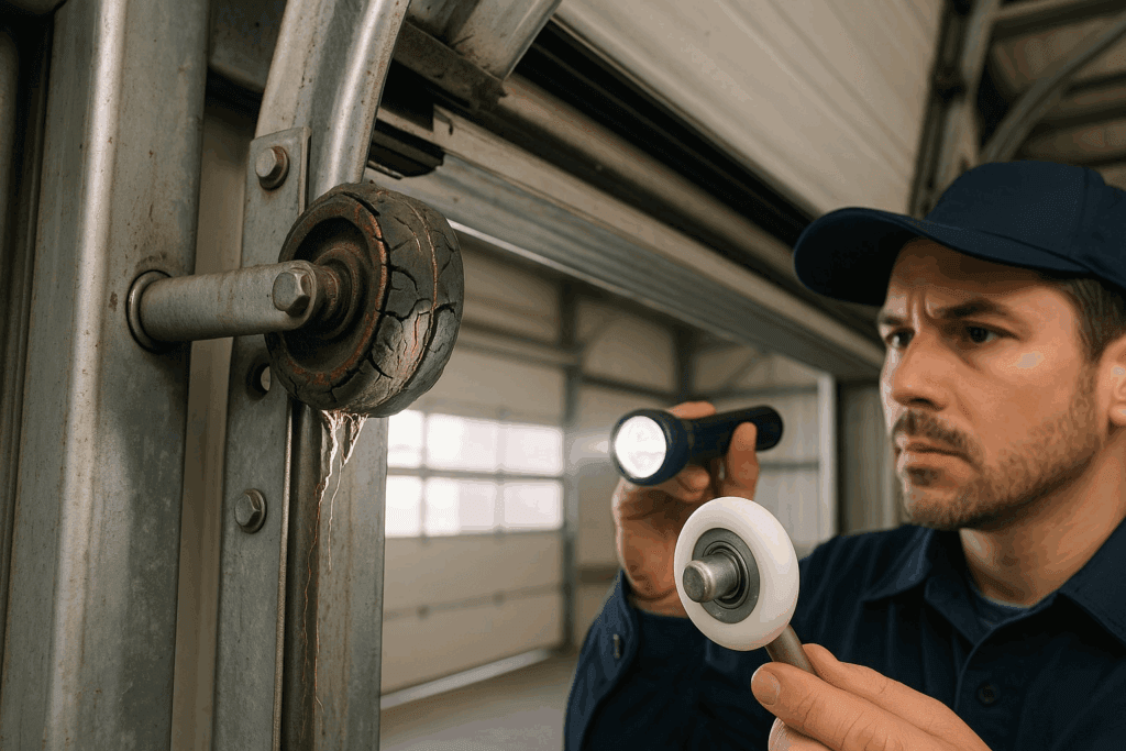 Why Consistent Commercial Garage Door Repair Is Key for Businesses in Richmond, TX 2 Technician inspecting worn rollers and replacing parts during commercial garage door repair.