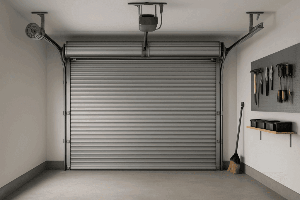 Which Garage Door Types Are Most Reliable in Richmond, TX, and Why Longevity Matters 4 Interior view of modern roll-up garage doors with organized tool wall.