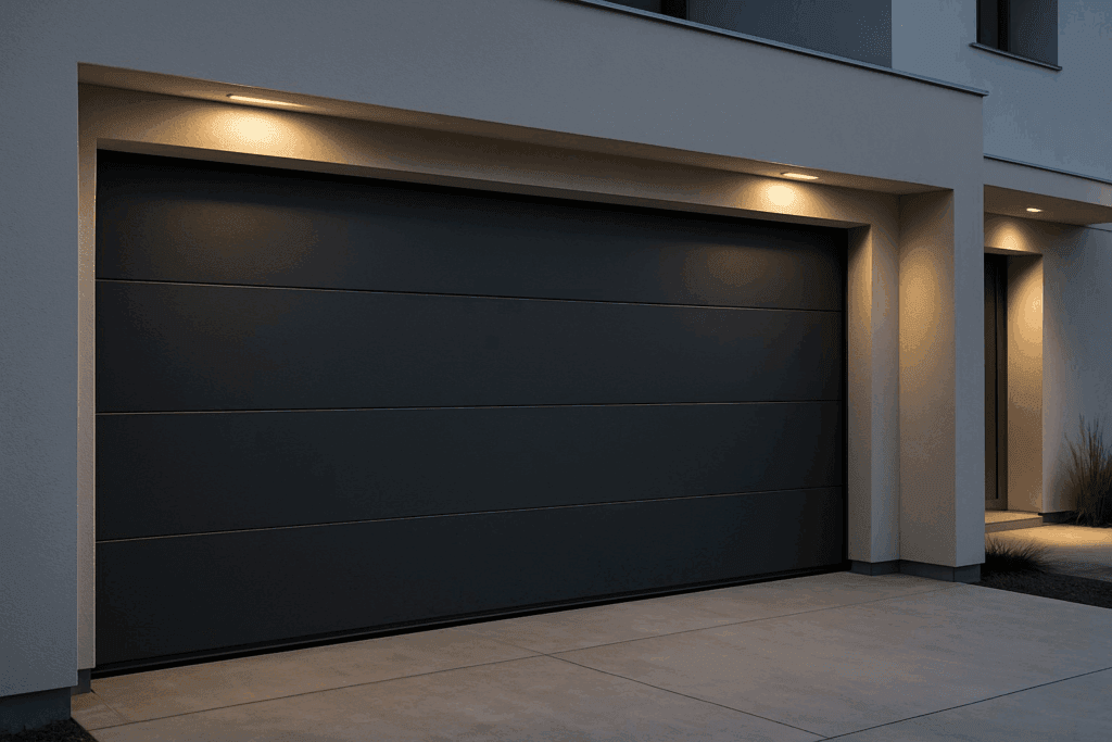 Which Garage Door Types Are Most Reliable in Richmond, TX, and Why Longevity Matters 3 Minimalist dark modern garage doors with exterior lighting on contemporary home.
