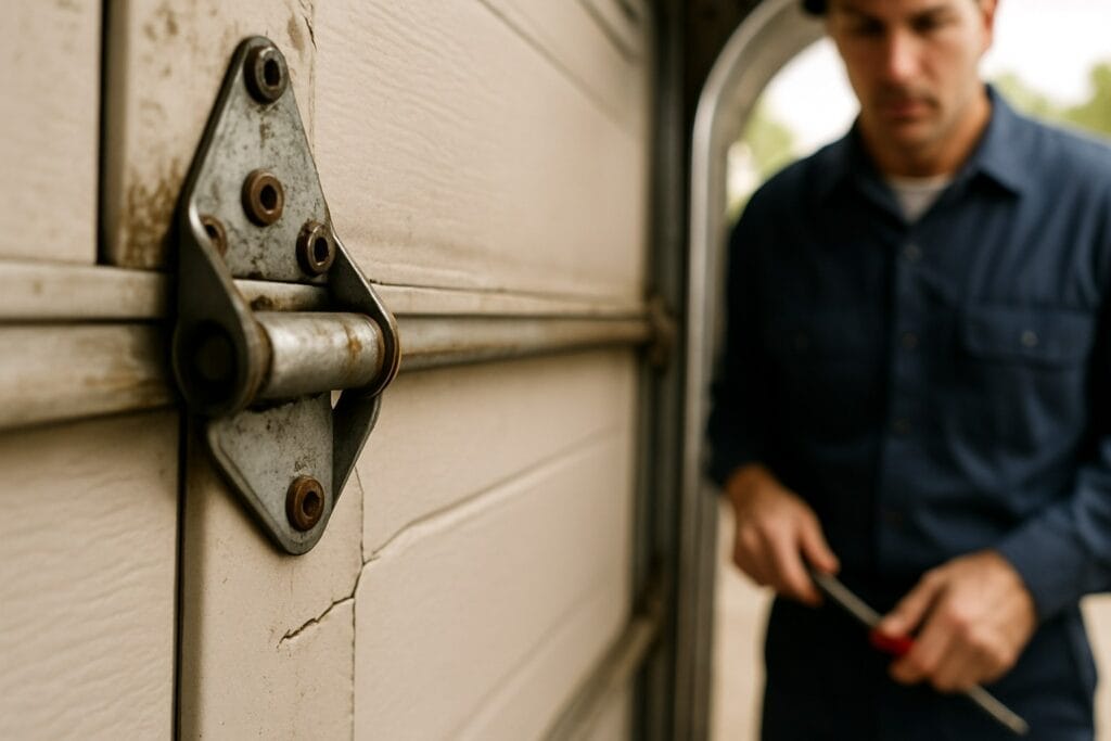Garage Door Maintenance in Richmond, TX: Affordable and Expert Solutions 3 Technician performing garage door maintenance by inspecting worn hinge and cracked panel for necessary repairs.