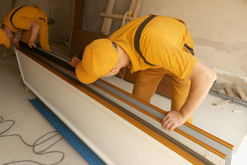 Technicians performing a garage door tune-up by inspecting and adjusting door panels and seals during maintenance.