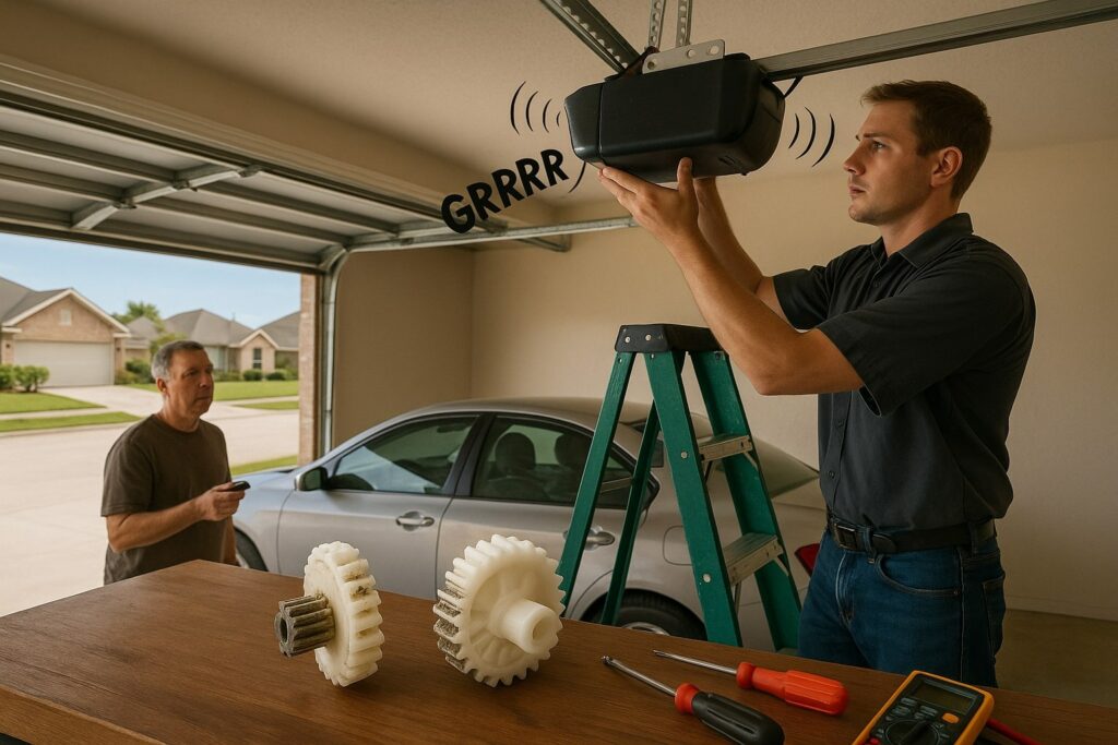 Signs That You Need Garage Door Opener Repair in Richmond, TX 3 Technician performing garage door opener repair while diagnosing a noisy motor in a residential garage.