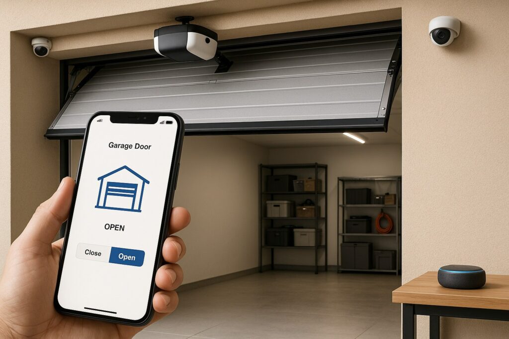 Signs That You Need Garage Door Opener Repair in Richmond, TX 4 Smartphone controlling smart system after garage door opener repair in a modern residential garage.