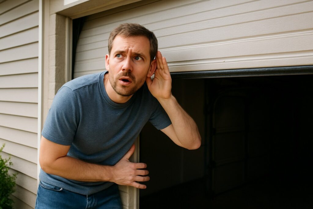 A man listens closely to unusual sounds coming from his automatic garage doors as they open.