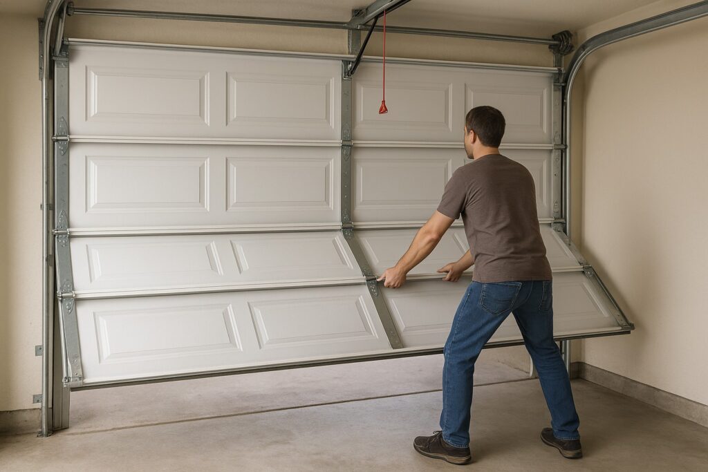 Garage door troubleshooting: man manually lifting a partially open garage door to check operation.